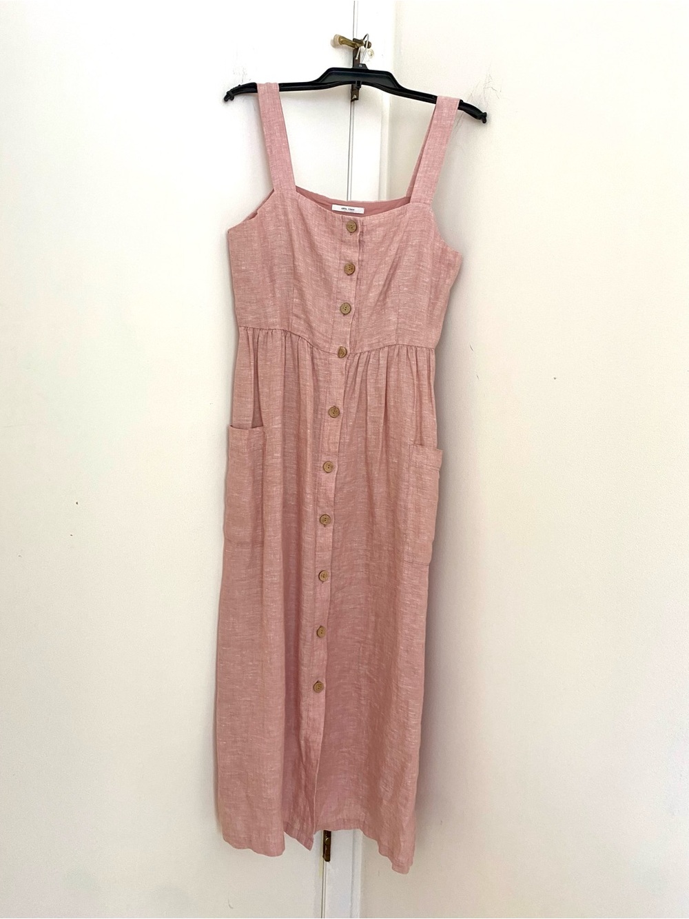 Linen Boho Button-Front Long Pink Dress Pockets Cottagecore Coastal Prairie